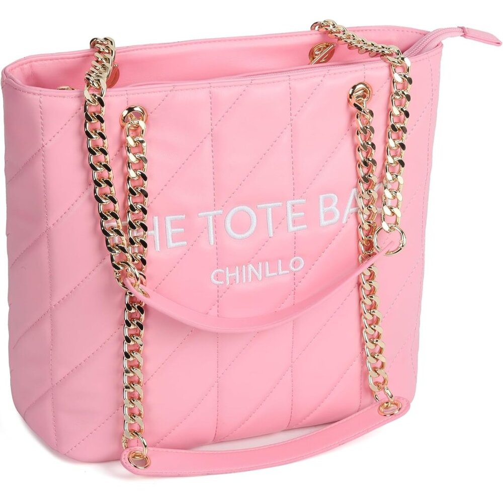 Women's Pink-Quilted PU Leather Sophisticated Elegant, Retro Style Tote Bag
